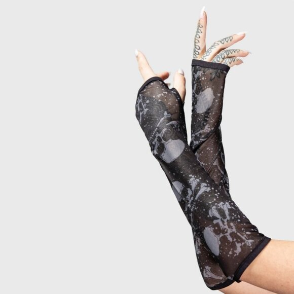 Killstar Accessories - Killstar ✦ Big Top Fingerless Gloves ✦ Black Mesh Skull Print Gothic Alt-Core